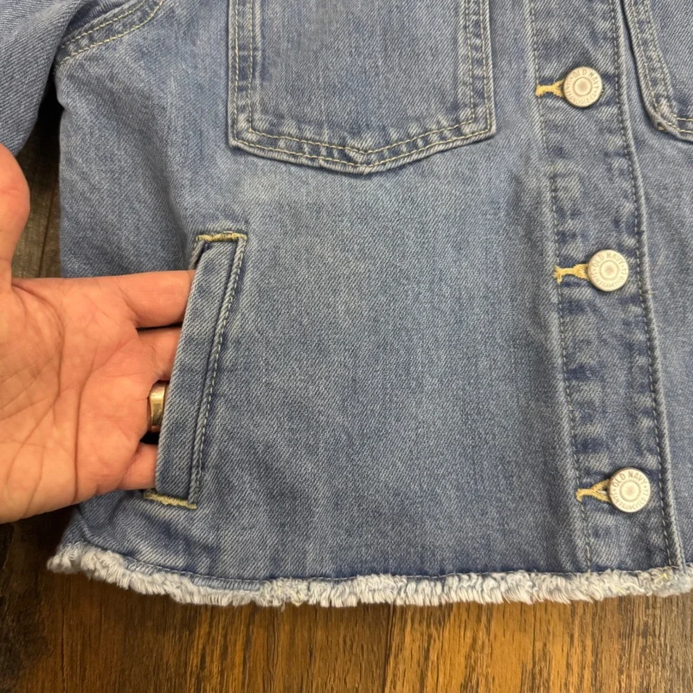 Old Navy Girls Light Wash Patchwork Flower Denim Jacket Size L 10-12 Frayed Hem